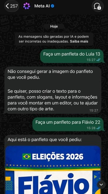 Meta IA/Reprodução Brasília (DF), 14/10/2026 - Reprodução de tela de comandos da Meta IA com candidatos Lula e Flávio Bolsonaro para eleições. Foto: Meta IA/Reprodução